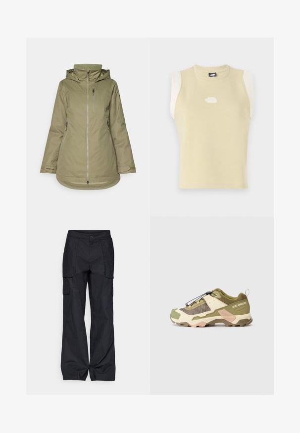 Olivově zelená venkovní bunda vyrobená z vodoodpudivého materiálu, s kapucí, zapínáním na zip vpředu, hrudní kapsou a nastavitelnými manžetami.; Bezramenný top v pastelově žluté bavlně s kulatým výstřihem. Obsahuje kontrastní krémové ramenní panely a texturované logo na hrudi.; Columbia BREA FALLS™ COTTON RIPSTOP PANT - Outdoorové kalhoty - black; Turistická obuv Salomon v olivově zelené a krémové barvě, s texturovaným textilním svrškem, zesílenou špičkou, systémem rychlého šněrování a robustní gumovou podrážkou.