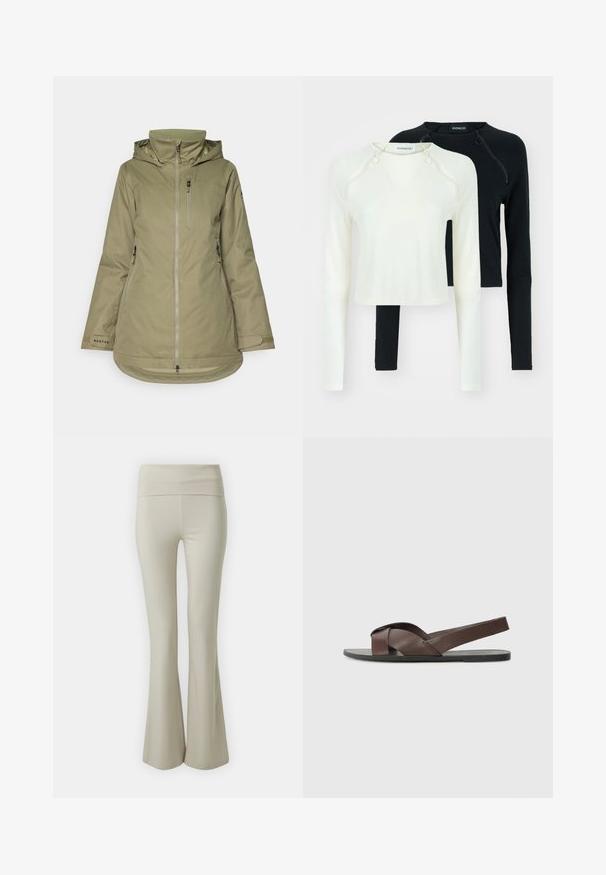 Olive green outdoor jacket made from waterproof material, featuring a hood, zippered front, chest pocket, and adjustable cuffs.; Two long-sleeve tops, one in white and one in black. Both feature round necklines and decorative zippers at the shoulder. Smooth fabric.; Beige flared pants made of soft fabric, featuring a wide, elastic waistband and a smooth texture, tapering to a flared hem at the bottom.; Brown leather sandal with a cross-strap design, flat black sole, and adjustable back strap. Smooth texture and minimal hardware details.