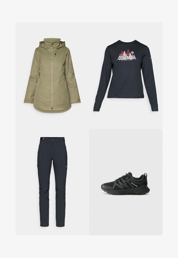 Olivovo zelená vonkajšia bunda vyrobená z vodoodolného materiálu, s kapucňou, zipsom na prednej strane, vreckom na hrudi a nastaviteľnými manžetami.; Dlhý rukáv, tmavošedá košeľa s grafikou červených stromov a hôr; logo "COLUMBIA" v tučnom bielom texte. Mäkká tkanina, štandardný okrúhly výstrih.; Pánske outdoorové nohavice, tmavo šedé, vyrobené z flexibilného materiálu, s opaskom, so zipsovými vreckami a vystuženým šitím.; Columbia PEAKFREAK - Turistické topánky - black