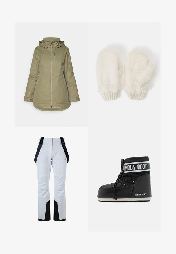 Olivgrüne Outdoor-Jacke aus wasserdichtem Material, ausgestattet mit Kapuze, Reißverschluss vorne, Brusttasche und verstellbaren Bündchen.; Schwarzfarbenes Langarm-T-Shirt aus weichem Stoff, mit rundem Ausschnitt, schlichtem Design und ohne sichtbare Muster oder Verzierungen.; Weiße wasserdichte Hose mit schwarzen Akzenten, ausgestattet mit Trägern, einer glatten Textur und einem geraden Schnitt, geeignet für Outdoor-Aktivitäten.; Schwarze Moon Boot mit gepolstertem Schaft, der mit Schnürsenkeln gesichert ist, und einem auffälligen weißen Band mit dem Logo. Dicke, strukturierte Gummisohle.; ONLY ONLWIVI WINTER MITTENS - Fäustling - cloud dancer