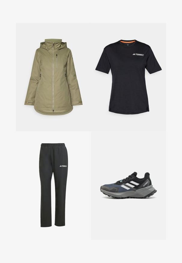 Olivno zelena zimska jakna za zunaj, narejena iz vodoodpornega materiala, z kapuco, zadrgo spredaj, žepom na prsih in nastavljivimi manšetami.; Črna kratkosleča majica s krocnim ovratnikom, ki ima subtilno heather teksturo in belo "TERREX" logo na zgornji levi strani.; Črne lahke hlače z elastičnim pasom. Imajo subtilen bel logotip "TERREX". Gladko blago in zasnova naravnih nogavic.; Športni čevelj z mrežasto zgornjim delom v odtenkih črne in modre barve. Ima bele proge, sivi gumijasti podplat in teksturirano sredico za oprijem.