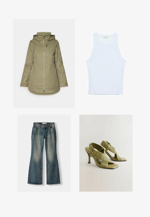 Olivgrön utomhusjacka gjord av vattentåligt material, med huva, dragkedja fram, bröstficka och justerbara muddar.; Vit linne med ribbat mönster, rund halsringning, ärmlös design, figurnära passform, diskret logotyp på etiketten inuti halsringningen.; Blå utsvängda jeans med en blekt tvätt, fem fickor och knappstängning. Materialet visar en denimstruktur med subtila sömdetaljer.; Gröna vävda klacksandaler med justerbar spänne, kvadratisk öppen tå och en slät sula. Har en elegant, smal hög klack och texturerade remmar.