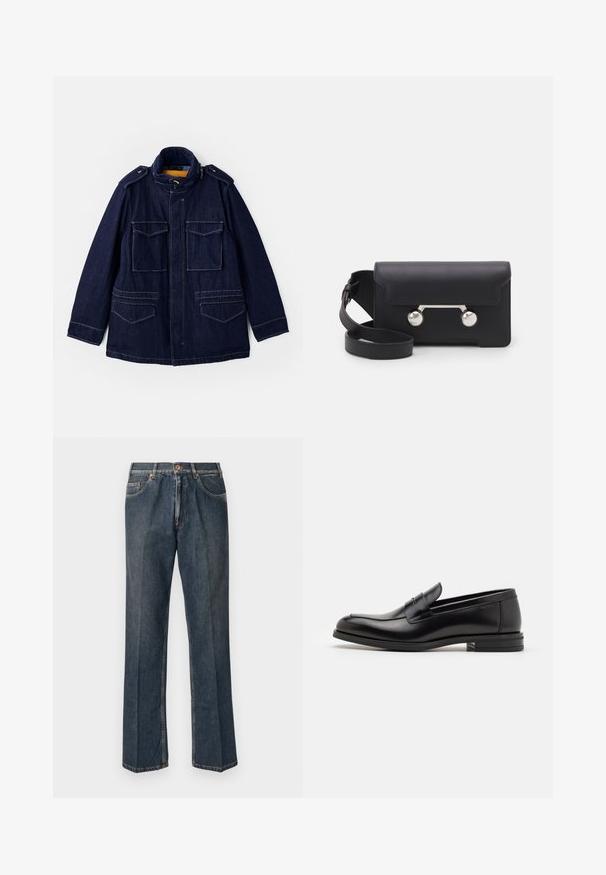 Denim jakna v temno modri barvi z izbočenim ovratnikom, dvema žepoma na prsih in dvema stranskima žepoma. Ima rumeno podlogo in ramenska epolete.; Krema barve pletena jopica s polo ovratnikom, rebrastimi manšetami in robom, ki ima sprednji zadrgo in mehak tekstur.; Temno modra kratka majica s kratkimi rokavi z belim napisom "neanche per sogno" sredi prsnega dela, okrogli izrez, velikost srednja.; Temno modri traper hlače ravnega kroja z gumbom spredaj, zadrgo, dvojnimi sprednjimi žepi in vidnimi navpičnimi gubami po nogah.; Črne usnjene loafer čevlje z gladko teksturo, zaobljenim nosom in dekorativnim trakom čez zgornji del. Nizka zložena peta, minimalističen dizajn.; Črna usnjena torbica za čez ramo z zapiranjem na preklop, srebrnimi dodatki in dvema okroglima okrasoma. Ima snemljiv trak. Gladka tekstura.