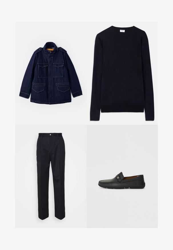 Veste en denim bleu foncé avec un col montant, deux poches poitrine et deux poches latérales. Présente une doublure jaune et des épaulettes.; Pull col rond bleu marine en tissu doux, doté de manches longues et de détails côtelés au col et à l'ourlet. Design épuré et minimaliste.; Pantalons noirs ajustés avec une coupe droite, en tissu lisse, dotés d'une fermeture à bouton sur le devant et de deux poches latérales.; Chaussure en cuir noir de style mocassin avec un bout arrondi, des détails cousus et une sangle décorative. Semelle flexible pour plus de confort.