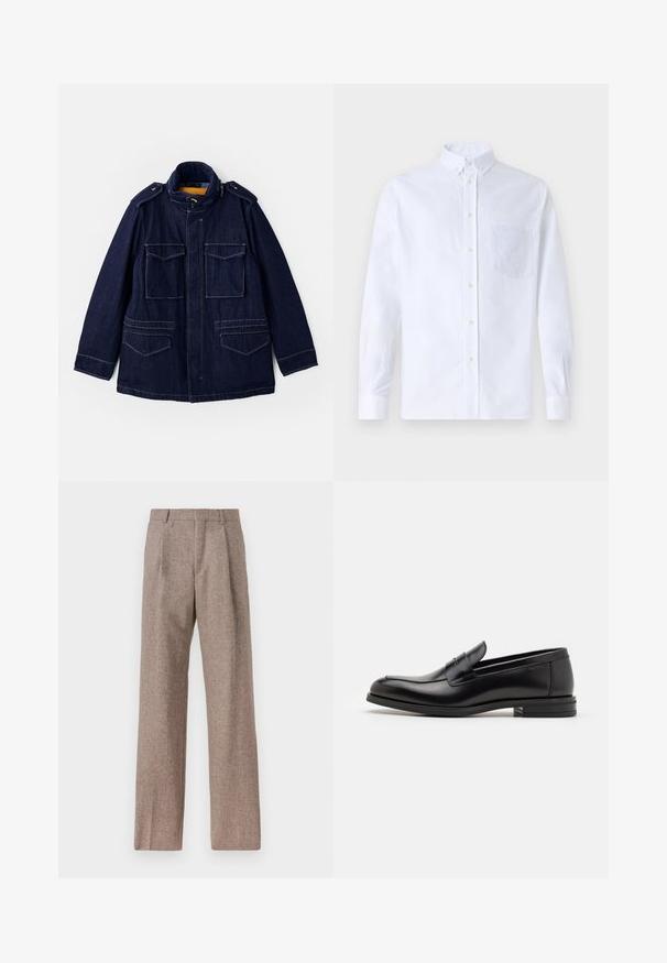 Tummansininen farkkutakki, jossa on pystykaulus, kaksi rintataskua ja kaksi sivutaskua. Sisältää keltaisen vuoren ja olkapäät.; Valkoinen pitkähihaista napillista paitaa, joka on valmistettu puuvillasta. Paita sisältää rinnan kohdalla taskun, jossa on samaa sävyä oleva brodeeraus, kauluksen sekä napilliset hihansuut.; Ruskejat, korkeavyötäröiset housut, jotka on valmistettu teksturoidusta kankaasta. Ominaisuuksina ovat leveät lahkeet ja kaksi etupuolelle ommeltua laskosta rakenteen tukemiseksi. Siisti viimeistely ilman näkyvää metalliosaa.; Mustat nahkakengät, joissa on sileä pinta, pyöreä kärki ja koristeellinen nauha jalkapöydän yli. Matala pinoitu koroke, minimalistinen muotoilu.