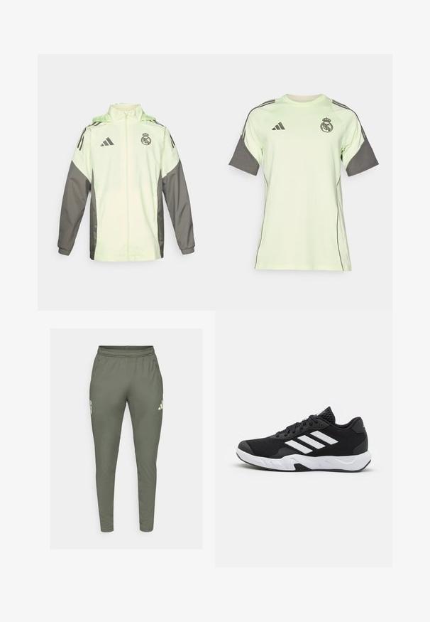 Gaiši zaļš un pelēks jakas modelis ar rāvējslēdzēju, kapuci un regulējamiem aukliņām. Uz katra pleca atrodas trīs melnas strīpas un logo.; Gaiši zaļa īsām piedurknēm izstrādāta džersija ar pelēkiem akcentiem, melnu logotipu un svītrām. Izgatavota no elpojoša materiāla, paredzēta sporta apģēram.; Olīvu zaļas sporta bikses ar šauru piegriezumu, elastīgu jostasvietu un sānu kabatām. Satur logo uz kreisā augšstilba un kontrastējošus akcentus.; Melnas sporta kurpes ar teksturētu acu augšdaļu, baltām akcentu svītrām, mīkstu zoli un pastiprinātu papēdi atbalstam.