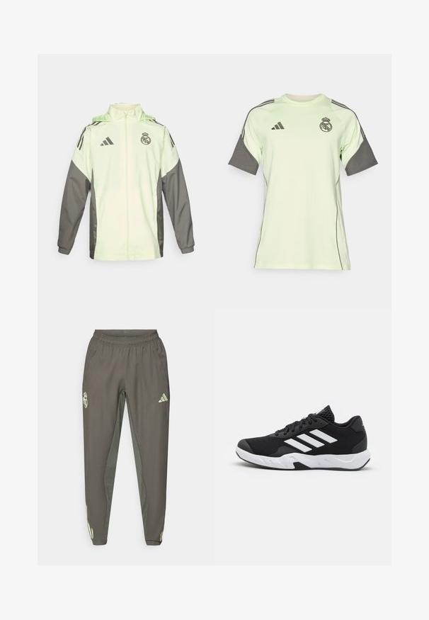 Ljusgrön och grå jacka med dragkedja, huva och justerbara snoddar. Har tre svarta ränder på varje axel och en logotyp.; Ljusgrön kortärmad jersey med grå detaljer, svart logotyp och ränder. Tillverkad av ventilerande material, designad för atletisk klädsel.; Grå idrottsbyxor med elastisk midja, med en strukturerad yta och kontrasterande gröna sidopaneler. Inkluderar en logotypdetalj.; Svarta sportskor med ett texturerat nätövre, vita accentlinjer, en dämpad sula och en förstärkt häl för stöd.