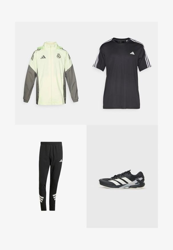 Veste vert clair et grise avec fermeture éclair, capuche et cordons ajustables. Présente trois bandes noires sur chaque épaule et un logo.; T-shirt noir à manches courtes avec un design à trois bandes blanches sur les épaules et un logo sur la poitrine. Fabriqué en tissu respirant, texture lisse.; Pantalons de sport noirs avec une taille élastique, présentant des accents blancs réfléchissants en motif rayé sur les jambes inférieures. Fabriqués dans un tissu lisse.; Chaussure de sport noire avec des rayures blanches, tige en mesh, bout arrondi et semelle rembourrée. Comprend un talon texturé et un système de laçage sécurisé.