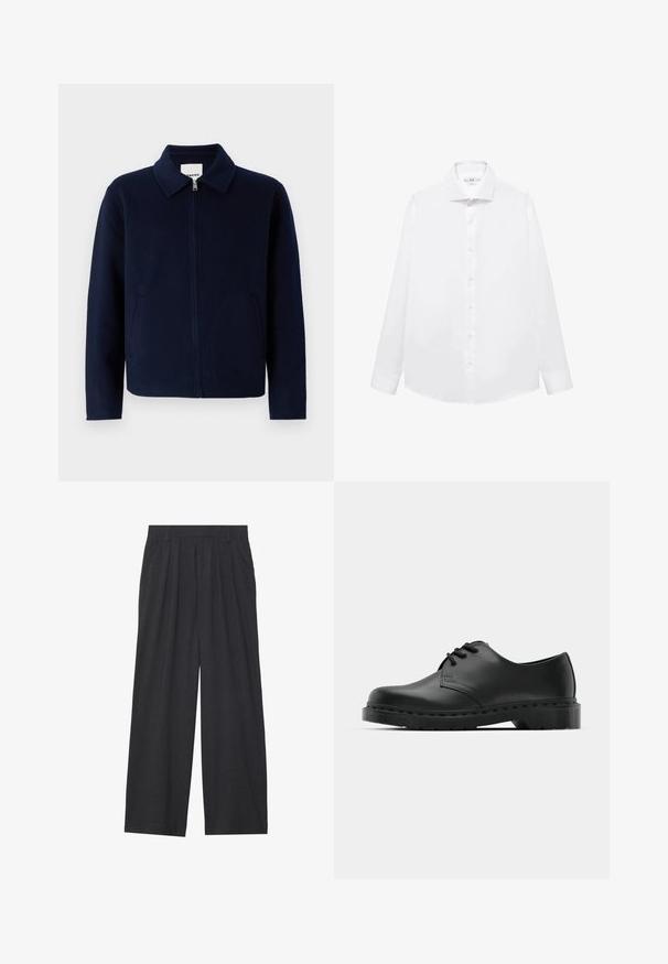 sandro JACKET DOUBLE FACE - Ljetna jakna - bleu royal; Bijela košulja dugih rukava izrađena od glatkog pamuka, s oštrim ovratnikom, prednjim zatvaranjem na gumbe i ravnim rubom.; Hlače širokih nogavica napravljene od tamnosive tkanine. Imaju nabore na struku, kroj prilagođen tijelu i ravnu siluetu.; Crne kožne oxford cipele s vezivanjem, zaobljenim vrhom, ravnim gumenim potplatom i suptilnim detaljima šivanja duž gornjeg dela.