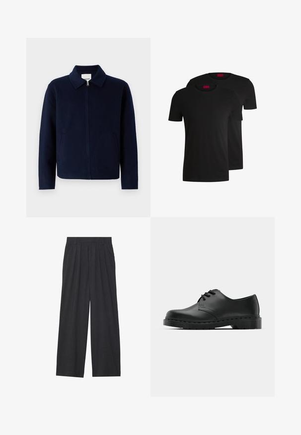 sandro JACKET DOUBLE FACE - Vasaras jaka - bleu royal; Divas melnas kokvilnas t-krekli ar īsām piedurknēm un apkakli. Abiem ir sarkans zīmola uzlīmējums pie apkakles. Vienkāršs, klasisks dizains.; Platas piegriezuma bikses no tumši pelēka auduma. Iezīmes - izgriezumi jostasvietā, veidota forma un taisna silueta.; Melnas ādas oksfordas kurpes ar auklošanas dizainu, noapaļota purngala, plakana gumijas zole un smalka šuvumu detaļa augšējā daļā.