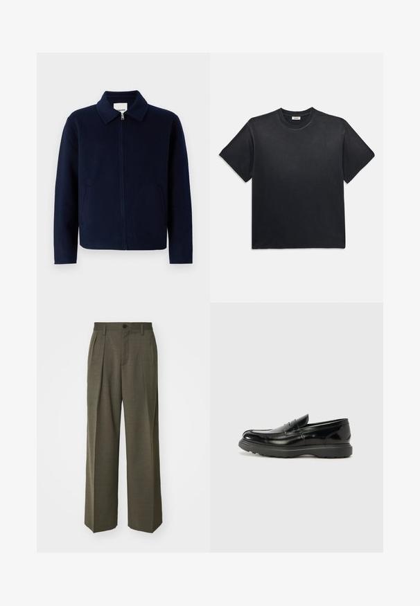 sandro JACKET DOUBLE FACE - Poletna jakna - bleu royal; Črna bombažna majica s kratkimi rokavi in okroglim izrezom. Ima sproščen kroj, gladko teksturo in minimalističen dizajn.; Filippa K WIDE TROUSERS - Hlače - driftwood; Črne usnjene loafer čevlje z sijajno obdelavo, okroglo špico, subtilnimi šivi in debelim gumijastim podplatom za trajnost.