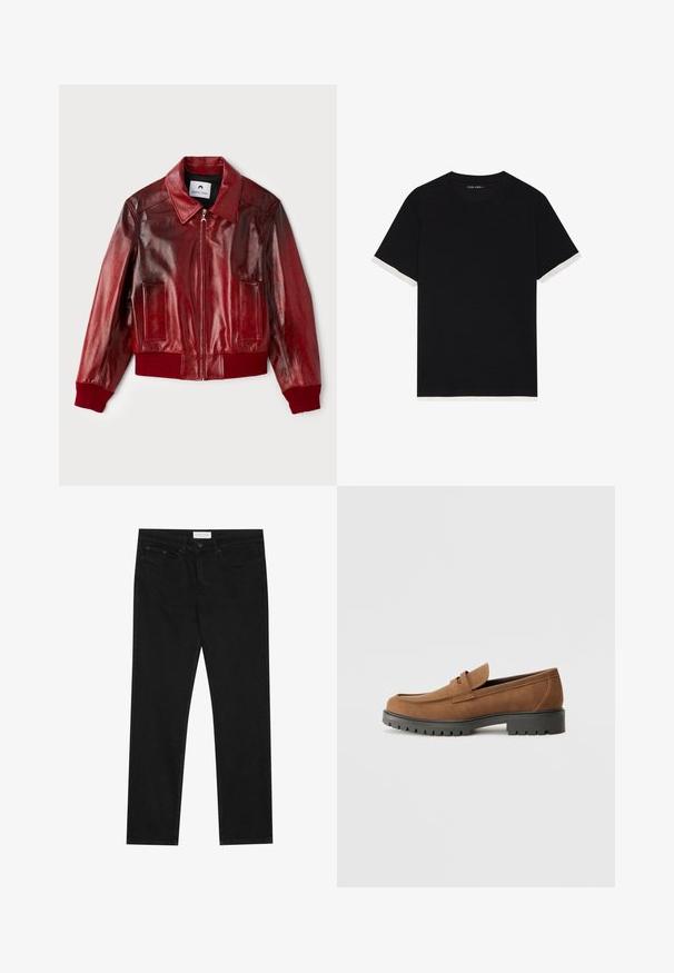 Červená kožená bombardérka s lesklým povrchem, žebrovanými manžetami a spodním lemem a dvěma předními kapsami. Obsahuje špičatý límec a zipové zapínání.; Černé tričko s krátkým rukávem vyrobené z texturované tkaniny, s bílými akcenty na manžetách. Kulatý výstřih, volný střih.; Černé rovné džíny s pěti kapsami, zapínání na knoflík a zip, a štítek značky Pier One na pase.; Hnědé semišové mokasíny s kulatou špičkou a nízkou černou gumovou podrážkou, zdobené páskem a švy na svršku.