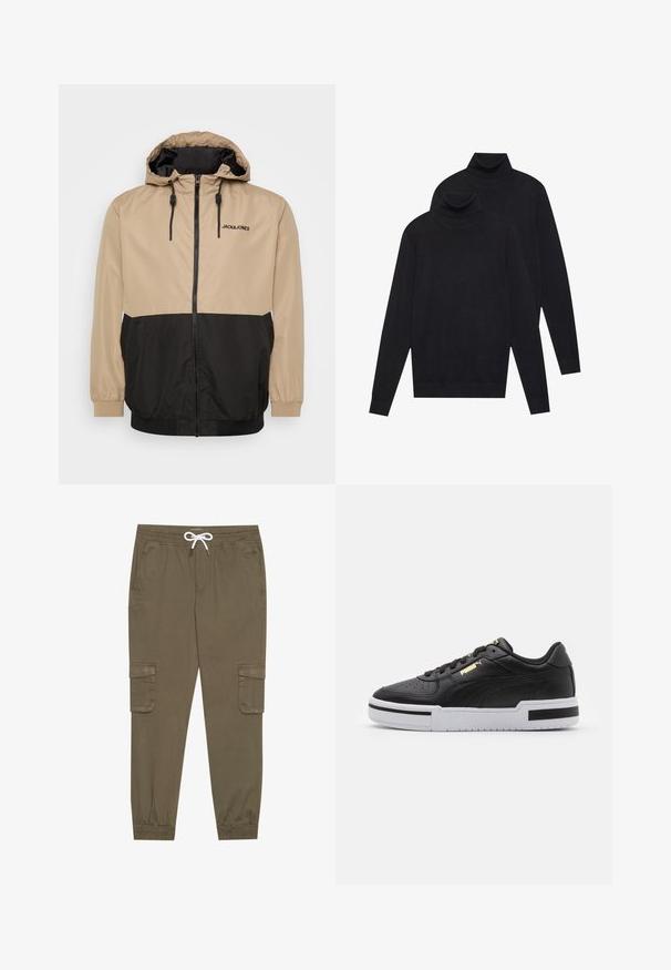 Bežinė ir juoda spalvų blokų striukė su gobtuvu, užtrauktuku, elastingomis rankovėmis ir sichančiu apačiu; priekyje yra "JACK&JONES" logotipas.; Du mėlynos ilgomis rankovėmis golfo megztiniai, paprasta mezgimo, supilti vienas ant kito, vienas šiek tiek už nugaros, ant baltos fono.; Khaki krovinių kelnės su elastingu juosmeniu ir užtrauktuku, su šoninėmis kišenėmis ir sutrauktomis kulkšnėmis. Pagamintos iš tekstūruotos, lengvos medžiagos.; Juodai odiniai sportbačiai su balta tarpinėmis, perforuotu pirštu, auksiniu logotipu, paminkštintu apykakle ir kontrastingomis juodomis akcentais šone.