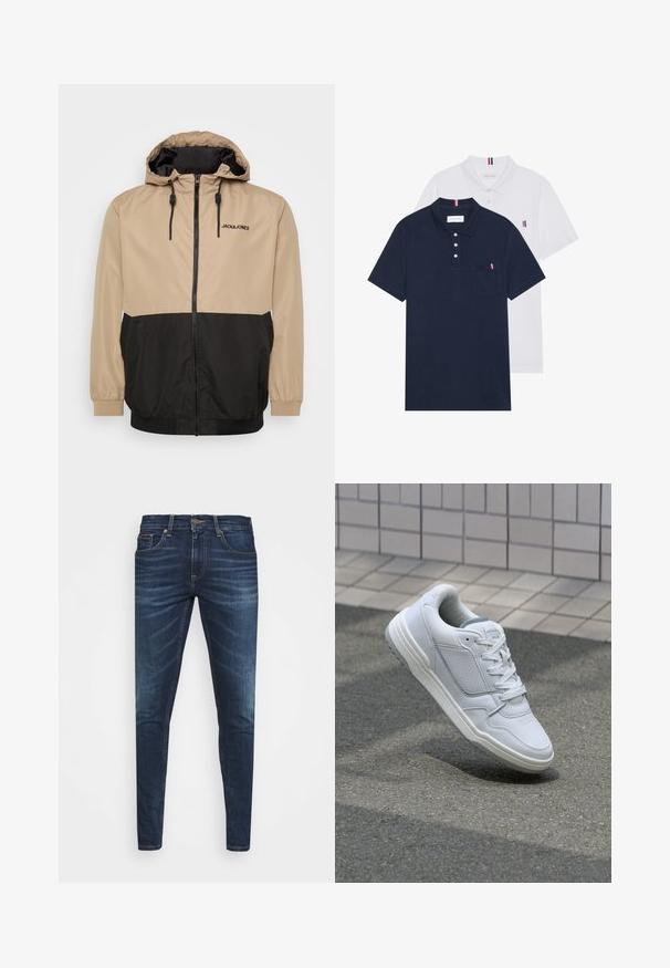 Beidzis un melns krāsu bloks jaka ar kapuci, ar rāvējslēdzēju, elastīgām aprocēm un auklu apakšējā malā; priekšpusē ir "JACK&JONES" logo.; Divas polo kreklu komplekts: viens tumši zils un viens balts, abi ar mazu sarkanu, baltu un zilu akcentu uz krūšu kabatas un apkakles.; Tumši zili džinsi ar šauru piegriezumu, ar vieglu izbalēšanu, piecām kabatām un metalizētu pogu aizdari. Šuvju akcenti kontrastējošā krāsā.; Baltas ādas sporta apavi ar perforētiem sāniem, teksturētām akcentiem, plakanu šņorēšanu un kontrastējošu pelēku papēdi. Iezīmē nedaudz paaugstinātu zole.