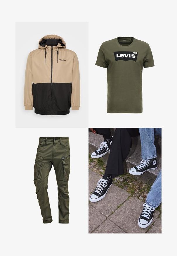 Beige og sort farveblokeret jakke med hætte, lynlås, elastiske manchetter og snor i kanten; har "JACK&JONES" logo på fronten.; Oliven grøn bomulds t-shirt med et stort sort Levi's logo på forsiden. Klassisk rund hals og korte ærmer, glat tekstur.; Olivenfarvede cargo-bukser lavet af slidstærk bomuld. Har flere lommer, en lynlåslomme på siden og tapered ben med en let tekstureret overflade.; Sorte høje canvas sneakers med hvide gummisåler og snørebånd, prydet med et cirkulært logo på siden og parret med denim og sorte bukser.