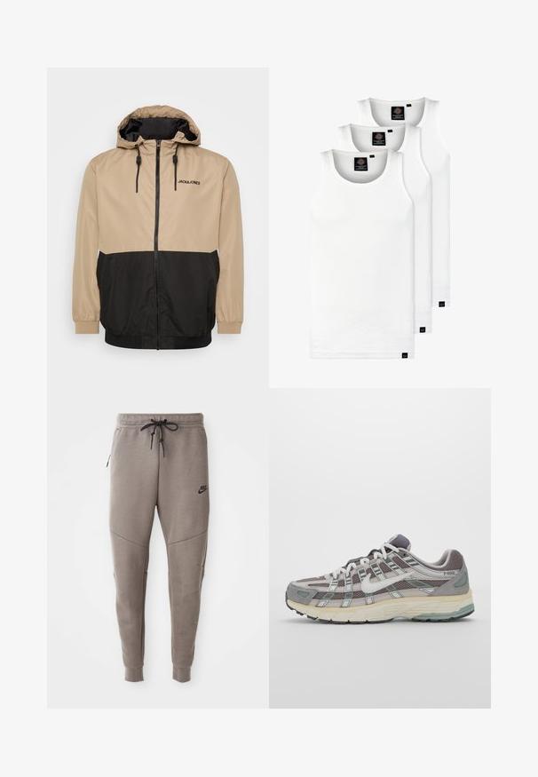 Béžovo-černá barevně blokovaná bunda s kapucí, zipovým uzávěrem, elastickými manžetami a šňůrkovým lemem; na přední straně má logo "JACK&JONES".; Tři bílé žebrované tílka vyrobené z bavlny. Mají kulatý výstřih a malé černé štítky poblíž lemu. Dostupné v několika velikostech.; Šedé Nike tepláky s elastickým pasem na šňůrku, zúženými nohavicemi, bočními kapsami a charakteristickým švem. Měkká, strukturovaná tkanina.; Šedá sportovní obuv s vrchní částí z mikrovlákna a semiše, bílými akcenty, polstrovanou podrážkou a jedinečným designem s reflexními prvky.