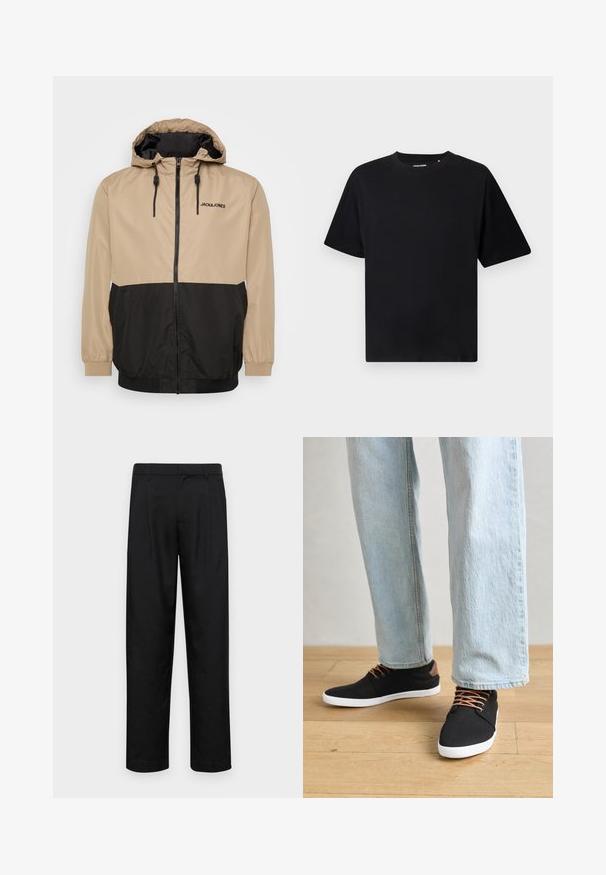 Beige og sort farveblokeret jakke med hætte, lynlås, elastiske manchetter og snor i kanten; har "JACK&JONES" logo på fronten.; Sort kortærmet T-shirt med crew neck og afslappet pasform, vist på en hvid baggrund.; Sorte bukser lavet af glat stof, med et lige ben-design, to frontfolder og en standard talje med bæltestropper.; Sort canvas sneakers med brune detaljer, hvide gummisåler og brune snørebånd, parret med lyseblå lige ben jeans. Trægulv i baggrunden.