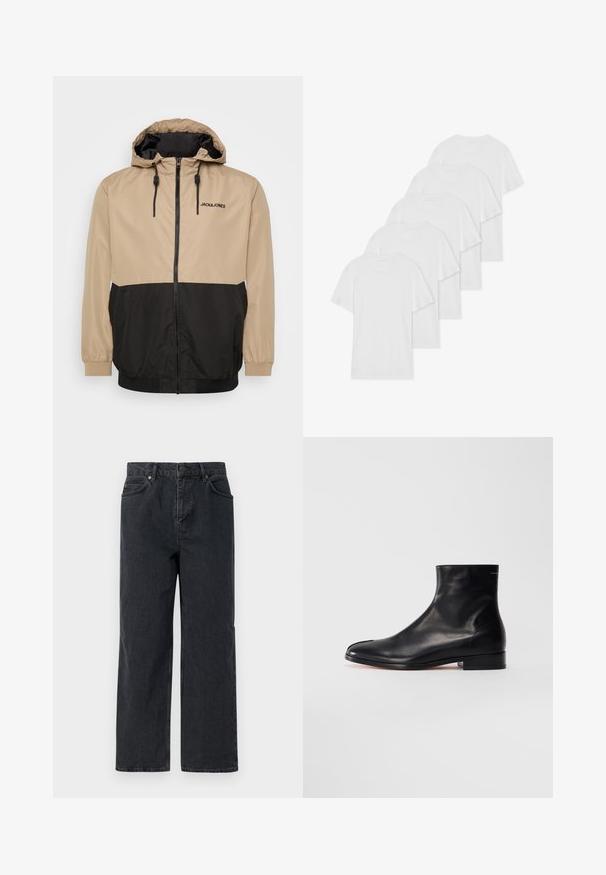 Huppari, jossa on beige ja musta väri-Blockaus, vetoketjukiinnitys, elastiset hihansuut ja kiristettävä helma; etuosassa on "JACK&JONES" logo.; Kuusi valkoista lyhythihaista puuvillapaitaa, joissa on pyöreät pääntiet, aseteltuna riviin. Paitojen pinta on sileä eikä niissä ole näkyviä kuvioita.; Tummansiniset farkut, joissa on leveä lahje, viisi taskua ja napitus. Mukana kuparinväriset yksityiskohdat ja hienovarainen tekstuuri.; Musta sileä nahkasaapas nilkkamittaisella matalalla korolla ja pyöreällä varvalla, esitetty sivulta valkoista taustaa vasten.