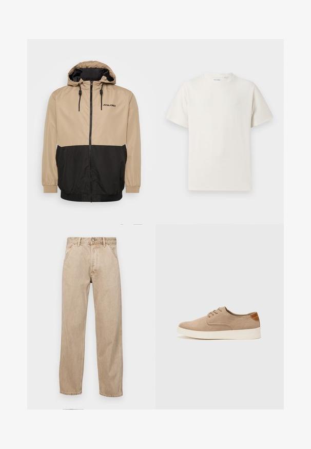 Beige og svart fargeblokket jakke med hette, glidelås, elastiske mansjetter og snorhem; har "JACK&JONES" logo på forsiden.; Hvit T-skjorte med kort erm i ribbestrikket tekstur. Rund hals, avslappet passform, ingen synlige mønstre eller detaljer. Enkelt og allsidig design.; Beige denimjeans med rett ben design, med frontlommer, metallknapplukking og subtil tekstur.; Beige semskinnsko med rund tå, snøring foran og en teksturert bakre aksent. Hvit gummisåle gir kontrast. Enkelt og moderne design.