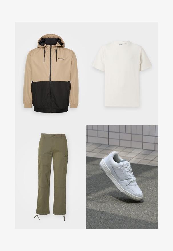 Beige og sort farveblokeret jakke med hætte, lynlås, elastiske manchetter og snor i kanten; har "JACK&JONES" logo på fronten.; Hvid kortærmet T-shirt i ribbet tekstur. Rund halsudskæring, løs pasform, ingen synlige mønstre eller accenter. Enkel og alsidig design.; Olivenfarvede cargo-bukser med lige ben-design, der har to sidelommer og justerbare bånd ved anklerne. Lavet af slidstærkt stof.; Hvide lædersneakers med perforerede sider, teksturerede detaljer, flade snørebånd og en kontrasterende grå hæl. Har en let forhøjet sål.
