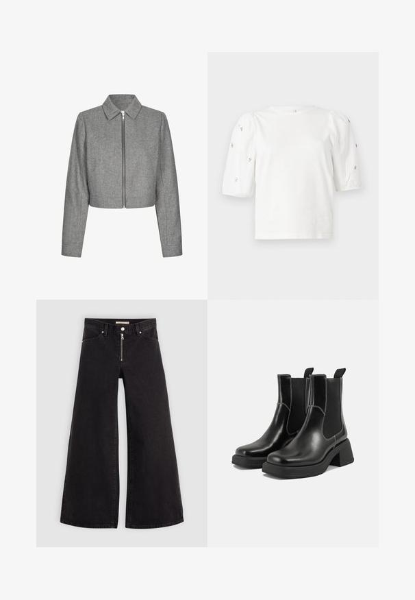 Pilkos herringbone stiliaus trumpas švarkas su ilgomis rankovėmis, smaigalio apykakle ir priekine užtrauktuko uždaria. Tekstūruotas audinys su struktūruota forma.; Balta medvilnės marškinėliai trumpomis pūstomis rankovėmis, papuošti mažomis sidabrinėmis detalėmis ant rankovių. Klasikinis apvalus iškirpimas, laisvas siluetas.; Plačios kojų džinsai iš juodo džinsinio audinio su užtrauktuku priekyje, penkių kišenių dizainu ir subtiliais siuvinėjimo akcentais. Lygus paviršius ir laisvalaikio stilius.; Juodos odinės Chelsea botai su storiu kulnu, elastinėmis šoninėmis panelėmis ir kontrastinga balta siūle. Tekstūruota apdaila.