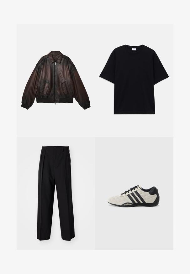 Braune Lederbomberjacke mit Reißverschluss, gerippten Bündchen und Saum, zwei Fronttaschen und strukturierten Schultern für eine lässige Passform.; Schwarzes, oversized T-Shirt mit kurzen Ärmeln und rundem Ausschnitt, mit sichtbarem Filippa K Markenlabel im Kragen.; Schwarze, plissierte Hose mit geradem, weitem Bein. Hergestellt aus glattem Stoff, mit Knopfverschluss und Gürtelschlaufen.; Adidas Sportschuh mit einem strukturierten, hellgrauen Obermaterial und schwarzen Lederakzenten. Mit schwarzem Drei-Streifen-Logo und gepolsteter Sohle.