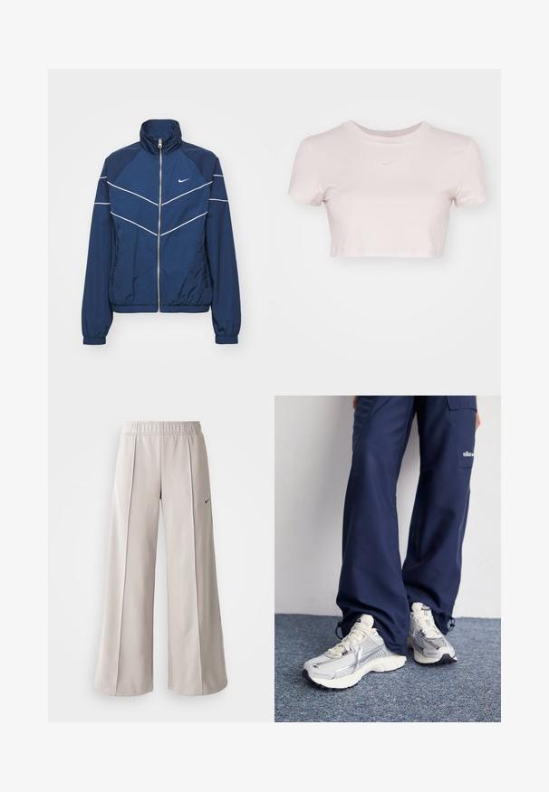 Jūrų karinių pajėgų vėjo apsaugos striukė su aukštu apykakle, baltais akcentiniais dryžiais, elastingomis rankovėmis, užtrauktuku priekyje ir Nike logotipu kairiajame krūtinės šone.; Šviesiai rožinė trumpa marškinė, pagaminta iš minkštos medžiagos. Turi apvalų kaklą ir trumpas rankoves, su mažu baltu Nike logotipu ant krūtinės.; Šviesiai pilki plačių kojų kelnės, pagamintos iš lygaus audinio. Turi elastingą juosmenį ir juodą Nike logotipą kairėje pusėje.; Nike sportiniai batai su sidabro spalvos tinklu, baltais akcentais ir tekstūruotais pado, derinami su laisvais tamsiai mėlynais kelnais.