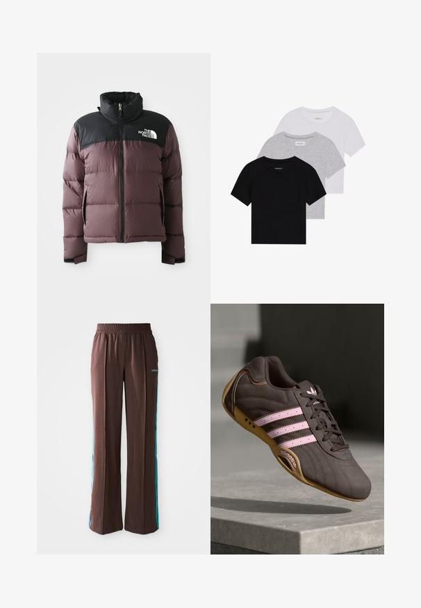 Doudoune bicolore violette et noire avec une fermeture éclair sur le devant et un col montant, arborant le logo The North Face sur la partie supérieure noire de la poitrine.; Ensemble de trois t-shirts à manches courtes en noir, gris et blanc. Fabriqués en coton, avec un col rond et un design simple de couleur unie.; Pantalons de sport marron avec une texture côtelée, une taille élastique et des rayures latérales turquoise. Arbore le logo adidas sur le devant.; Chaussure de sport en suède brun avec des rayures et un logo roses, dotée d'un dessus texturé, de lacets et d'une semelle en caoutchouc beige.