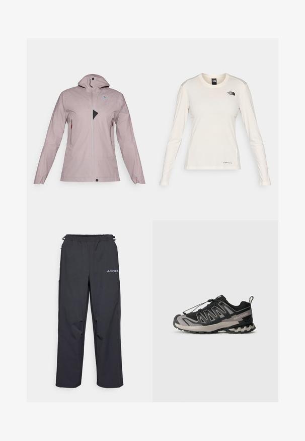 Svetloružová vodeodolná bunda s vysokým golierom, plným predným zipsom, dvoma zipsovými vreckami a trojuholníkovým čiernym sieťovaným detailom na hrudi.; The North Face SHADOW LONG SLEEVE - Top s dlhým rukávom - white dune; Čierne, ľahké outdoorové nohavice s elastickým pásom, bočnými vreckami a logom na hornej pravej nohe. Hladká, vodeodolná tkanina.; Čierna a sivá atletická obuv s hornou časťou z mäkkého materiálu, gumovou podrážkou a elastickým šnúrkovým systémom. Obsahuje spevnenú špičku a textúrované akcenty.