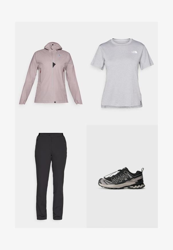 Light pink waterproof jacket with a high collar, full front zipper, two zippered pockets, and a triangular black mesh accent on the chest.; Grey short-sleeve t-shirt made of soft, moisture-wicking fabric. Features a crew neck and a small white logo on the upper left.; Black outdoor pants, made of lightweight fabric, feature a straight leg design, zippered side pockets, and an adjustable waistband.; Black and gray athletic shoe with mesh upper, rubber sole, and elastic lace system. Features a reinforced toe and textured accents.