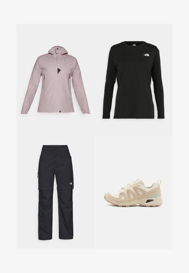 Helle rosa wasserdichte Jacke mit hohem Kragen, vollem Frontreißverschluss, zwei Reißverschlusstaschen und einem dreieckigen schwarzen Netzakzent auf der Brust.; Schwarzes Langarm-T-Shirt aus Baumwolle mit Rundhalsausschnitt. Verfügt über ein kleines weißes Logo auf der linken Brustseite. Einfaches Design und Passform.; Schwarze Nylon-Zip-Off-Cargohosen mit verstellbaren Bündchen, mehreren Taschen und einem Logo am rechten Bein. Glatte, leichte Textur.; Beige und cremefarbenen Sportschuh mit strukturiertem Mesh-Obermaterial, unterstützenden Überzügen und Gummisohle mit einem Profilmuster für Bodenhaftung.
