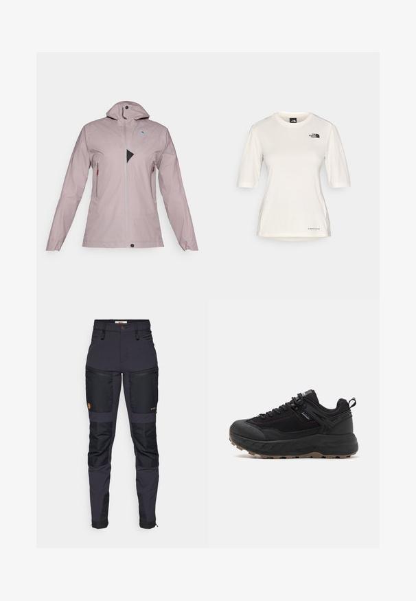 Giacca impermeabile rosa chiaro con colletto alto, zipper frontale completo, due tasche con zip e un accento triangolare in rete nera sul petto.; The North Face SHADOW SHORT SLEEVE - T-Shirt sport - white dune; Pantaloni grigio scuro con toppe nere rinforzate. Le caratteristiche includono tasche con zip, un design aderente e una texture di tessuto resistente.; Scarpe sportive nere con tomaia in pelle e tessuto texturizzati, suola decorata, punta rinforzata e sistema di allacciatura regolabile.