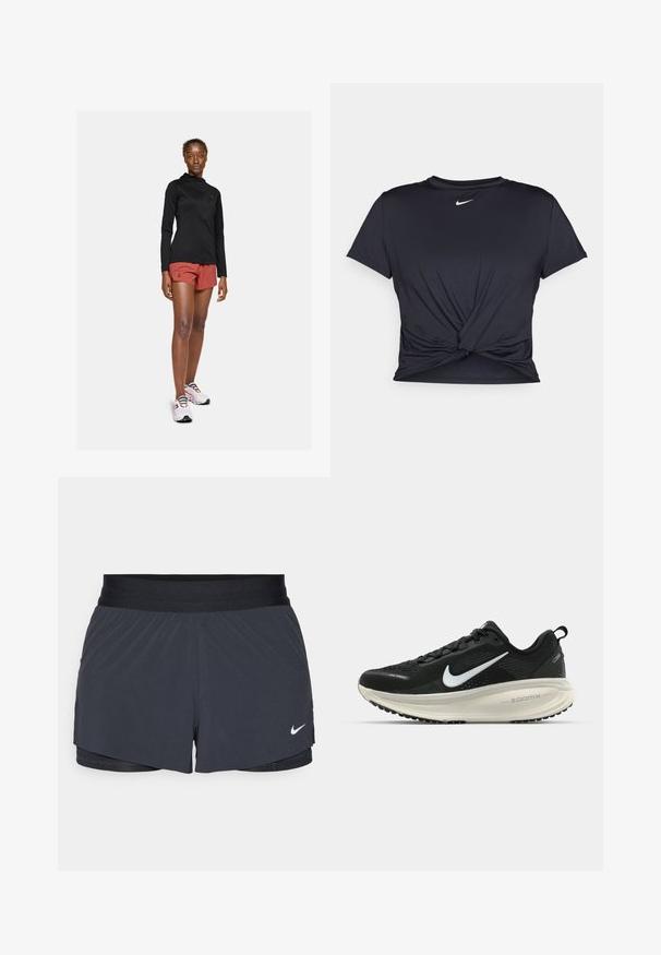 Schwarze, langärmelige Active-Jacke, rote Sportshorts und weiße Sneakers mit bunten Schnürsenkeln. Zeigt ein figurbetontes, aerodynamisches Design.; Schwarzes Sport-T-Shirt aus glattem Stoff, mit einem geknoteten Vorderdesign und einem kleinen weißen Nike-Logo auf der Brust.; Schwarze Sportshorts mit elastischem Bund, ausgestattet mit einem geschichteten Design und einem kleinen weißen Nike-Logo unten links. Leichtes Material.; Schwarzer Nike-Laufschuh mit atmungsaktivem Mesh-Obermaterial, weißem Swoosh-Logo, strukturierten Details und einer cremefarbenen ZoomX-Zwischensohle.