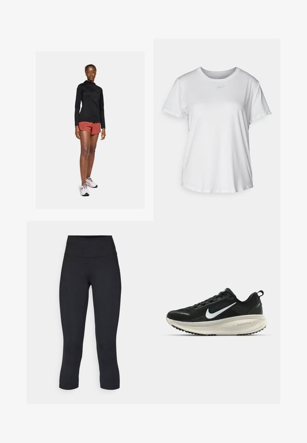 Zwarte lange mouwen actieve jas, rode sportshorts en witte sneakers met kleurrijke veters. Toont een strakke, gestroomlijnde uitstraling.; Witte T-shirt met korte mouwen van gladde stof, met een ronde halslijn en een klein grijs Nike-logo op de borst.; Zwarte cropped leggings van rekbaar materiaal, met een hoge tailleband en een gladde textuur, zonder zichtbare patronen of hardware.; Zwarte Nike hardloopschoen met ademend mesh bovenwerk, witte swoosh-logo, gestructureerde details en een crèmekleurige ZoomX middenzool.