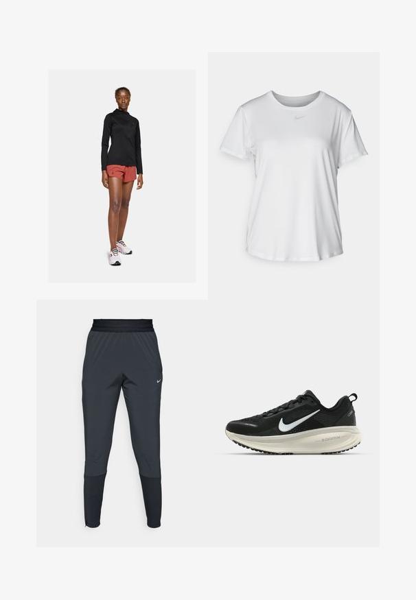 Sort langærmet aktiv jakke, røde atletiske shorts og hvide sneakers med farverige snørebånd. Viser et tætsiddende, strømlinet design.; Hvid kortærmet T-shirt lavet af glat materiale, med en rund halsudskæring og et lille gråt Nike-logo på brystet.; Nike træningsbukser i mørkegrå, med en tætsiddende ben-design, elastisk talje og detaljer ved manchetterne.; Sort Nike løbesko med åndbart mesh-overdel, hvidt swoosh-logo, tekstureret detaljering og en cremede ZoomX mellemsål.