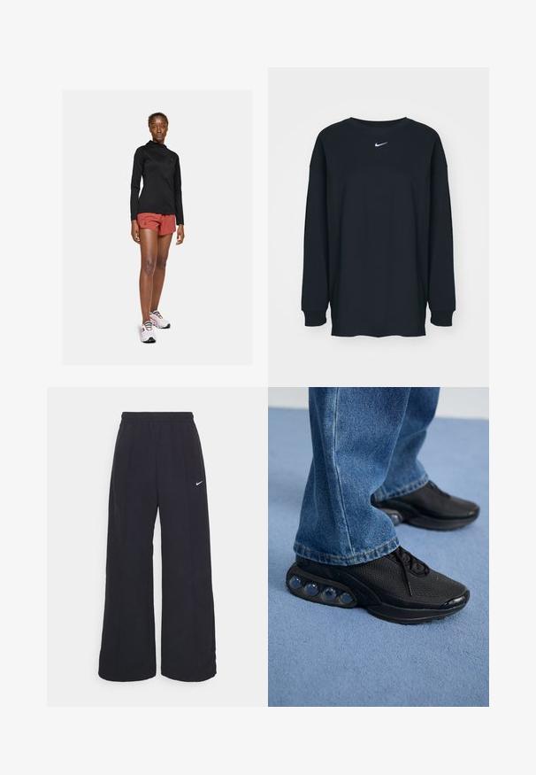 Black long-sleeve active jacket, red athletic shorts, and white sneakers with colorful laces. Shows a fitted, streamlined design.; Black long-sleeve T-shirt made of cotton with a crew neckline. Features a white Nike logo on the chest. Soft texture, simple design.; Black wide-leg pants with an elastic waistband and a small white Nike logo. Fabric has a smooth texture, designed for comfort and casual wear.; Black athletic sneakers with mesh upper, textured accents, and visible air cushioning pods in the sole. Worn with blue denim jeans.