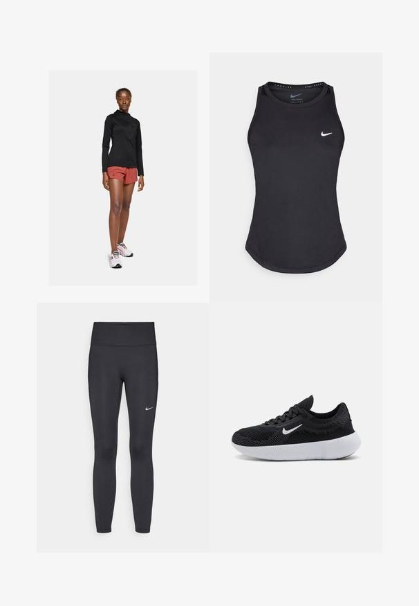 Black long-sleeve active jacket, red athletic shorts, and white sneakers with colorful laces. Shows a fitted, streamlined design.; Black athletic tank top made from moisture-wicking material. Features a round neckline, slim fit, and white Nike logo on the chest.; Black leggings made of stretchy fabric, featuring a high waistband and a white Nike logo on the left thigh. Smooth texture, form-fitting design.; Black athletic shoe with a mesh upper, textured design, round toe, white rubber sole, and a Nike logo on the side.