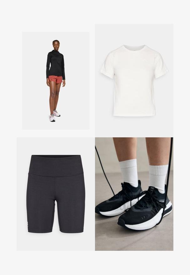 Schwarze, langärmelige Active-Jacke, rote Sportshorts und weiße Sneakers mit bunten Schnürsenkeln. Zeigt ein figurbetontes, aerodynamisches Design.; Leichtes weißes T-Shirt mit kurzen Ärmeln, Rundhalsausschnitt und einem kleinen Logo in der oberen linken Ecke. Glatte Stoffoberfläche mit leichtem Glanz.; Schwarze Sportshorts aus dehnbarem Material mit hohem Bund und flachen Nähten. Für Komfort und Beweglichkeit konzipiert.; Schwarze Sportschuhe aus strukturiertem Stoff, mit weißer Sohle und schwarzen Schnürsenkeln. Tragen mit weißen gerippten Socken, stehen auf einer hellen Fläche.