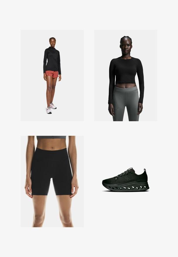 Juoda ilgo rankovėmis aktyvi striukė, raudoni sportiniai šortai ir balti sportiniai bateliai su spalvingomis raištelėmis. Rodo tikslią, pritaikytą išvaizdą.; Juoda ilgomis rankovėmis trumpoji palaidinė derinama su prigludusiomis tamsiai pilkomis legingais. Palaidinė pasižymi paprastu dizainu; legingai turi šonines siūles ir lygų paviršių.; On PERFORMANCE - Bėgimo tamprės - black; On CLOUDSURFER MAX - Bėgimo batai plentui - black eclipse