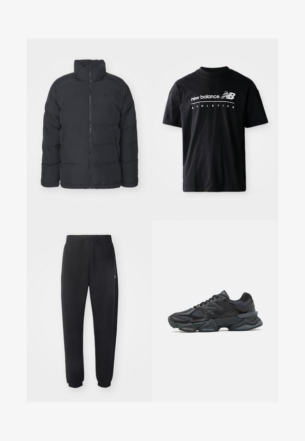 Czarna kurtka puchowa z wysokim kołnierzem, pełnym zamkiem i dwiema bocznymi kieszeniami. Charakteryzuje się pikowanym wzorem oraz subtelnym logo na klatce piersiowej.; Czarna bawełniana koszulka z okrągłym dekoltem, krótkimi rękawami oraz białymi grafikami z napisem "new balance" i "ATHLETICS" z przodu.; Czarne dresy wykonane z miękkiego materiału, z elastycznym pasem, sznurkiem i zwężanymi mankietami, z subtelnym logo po boku.; Czarne buty biegowe z mieszanką siateczki i materiałów syntetycznych, masywną podeszwą, opływowym kształtem oraz wyraźnym brandingiem z boku.