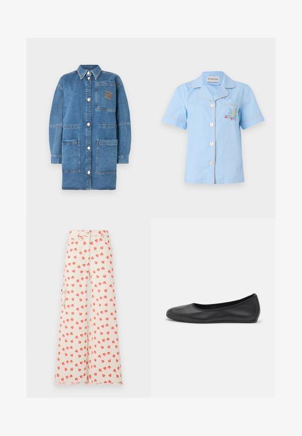 Îmbrăcăminte exterioară din denim, în nuanță de albastru deschis, având un guler, mâneci lungi, nasturi tip snap și un buzunar pe piept cu detalii cusute contrastante.; Cămașă scurtă, cu mâneci scurte, de un albastru deschis, cu guler, având o fanteză la piept și broderie florală multicoloră, finisată cu o tiv contrastant.; Pantaloni largi dintr-un material bej, cu un model de căpșuni în roșu și verde. Include buzunare laterale și un tiv desfăcut.; Balerini din piele neagră, cu vârf rotund, textură netedă, detalii de cusătură minimale și un design al tălpii flexibil.