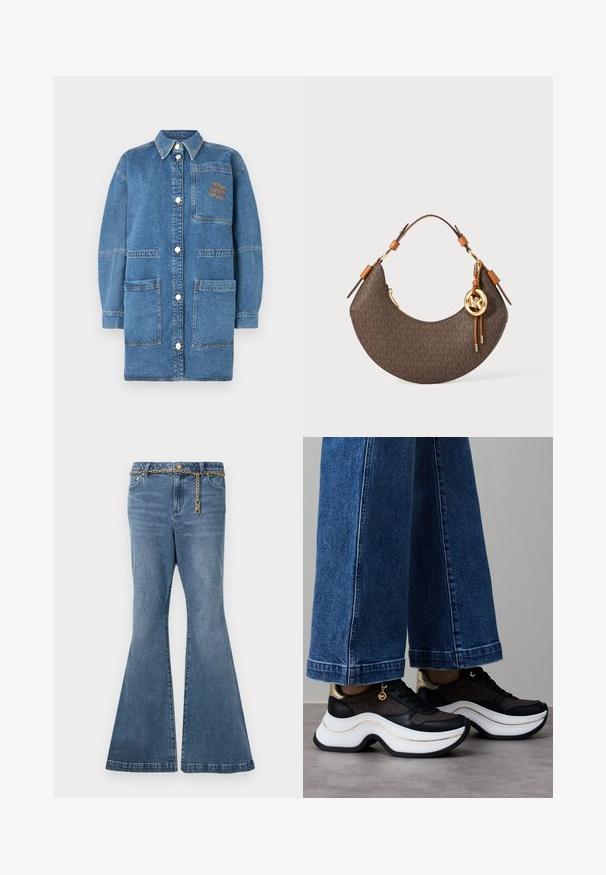 Vaate ulkoilu denimistä vaaleansinisessä sävyssä, jossa on kaulus, pitkät hihat, nepparit ja rintatasku, jossa on kontrastiväriset ompelutiedot.; Valkoinen lyhytcropattu T-paita, joka on valmistettu puuvillasta. Sen hihoissa on lyhyet hihat ja edessä on "MICHAEL KORS" -logo samanvärisesti brodeeratuna.; Farkut siniset leveälahkeiset keskipestyt denim, joissa on kultaketju yksityiskohtana vyötäröllä ja normaali viiden taskun muotoilu.; Mustat ja kultaiset tennarit, joissa on kaareva valkoinen pohja. Teksturoitu kangas, jossa on logokoristeita. Yhdistetty leveisiin sinisiin farkkuihin.; Ruskea kuun muotoinen laukku, jossa on vaaleanruskea nahkahihna, kultaiset yksityiskohdat ja pyöreä MK-logo-tyyppimerkki roikkumassa sivussa.