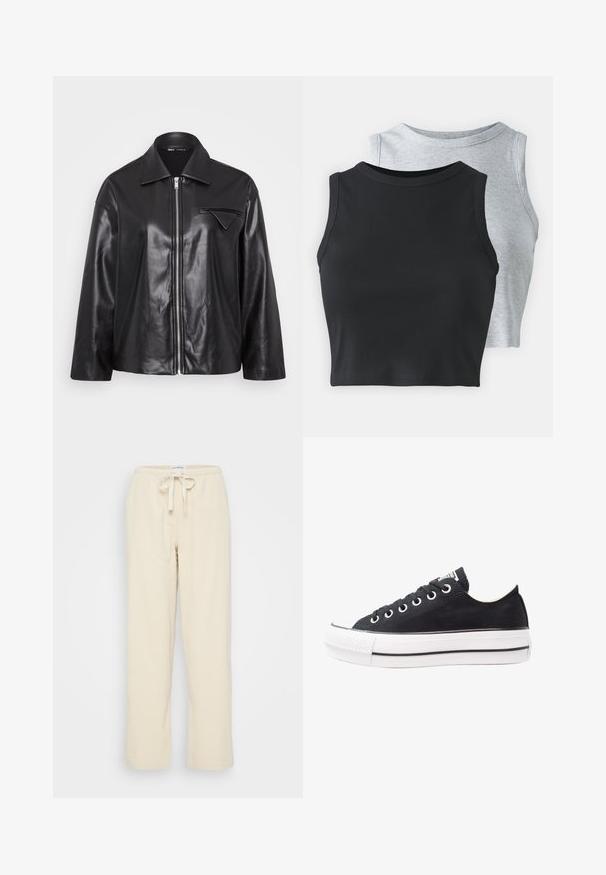 Czarna skórzana kurtka z kołnierzem, z przodu na zamek błyskawiczny i jedną kieszenią na piersi. Charakteryzuje się gładką fakturą oraz lekko oversize'owym krojem.; Even&Odd Petite - Top; Even&Odd Petite - Spodnie materiałowe; Czarne trampki na canvasie z białą gumową podeszwą, okrągłym noskiem, niskim fasonem, metalowymi oczkami oraz teksturowanym noskiem. Cienka czarna linia wzdłuż podeszwy.