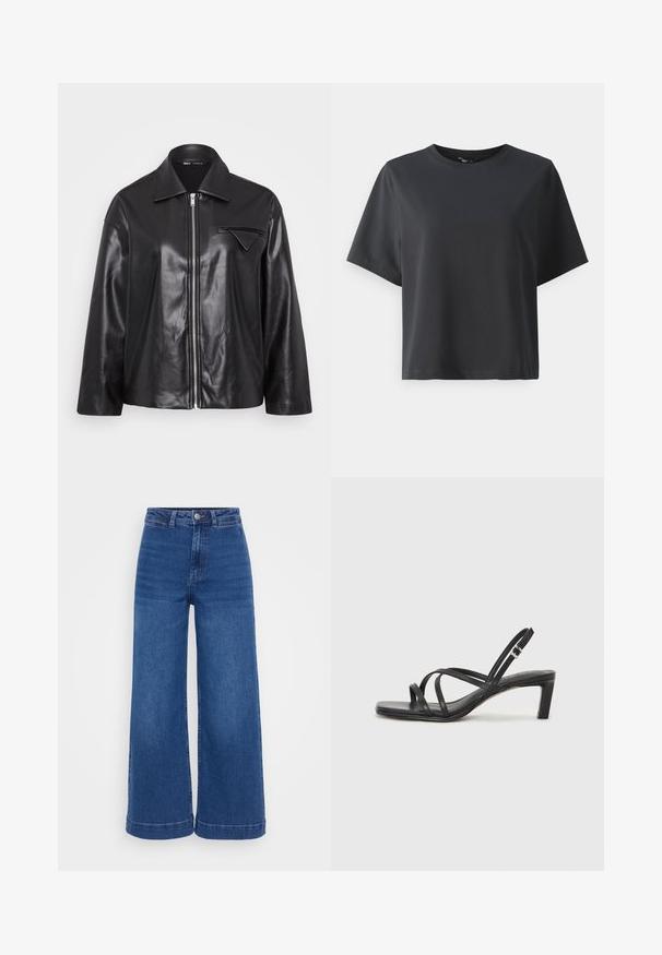 Black leather jacket with a collar, front zip, and a single chest pocket. Features a smooth texture and slightly oversized design.; Black cotton t-shirt, short sleeves, crew neck, relaxed fit, smooth texture, simple design, no patterns or accents.; High-waisted wide-leg jeans in medium blue denim, featuring a button closure, belt loops, and a clean hem with no distressing.; Black strappy sandal with a square toe and a low block heel. Features multiple thin straps and an adjustable ankle strap. Made of smooth leather.