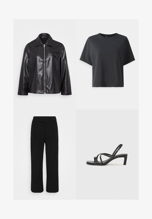 Mustat nahkatakki, jossa on kaulus, edessä vetoketju ja yksi rintatasku. Takkissa on sileä pinta ja hieman ylisuhteinen muotoilu.; Mustat puuvillapaita, lyhyet hihat, pyöreä kaula-aukko, rento istuvuus, sileä pinta, yksinkertainen muotoilu, ilman kuvioita tai koristeita.; Mustat legginsit, joissa on leveä lahje, valmistettu sileästä kankaasta, ja joissa on tasainen etuosa, vyölenkit ja ei näkyviä taskuja. Siisti, muotoiltu muotoilu.; Mustat hihnalligat, joissa on neliön muotoinen kärki ja matala lohkokorko. Ominaisuuksiin kuuluu useita ohuita hihnoja ja säädettävä nilkkahihna. Valmistettu sileästä nahasta.