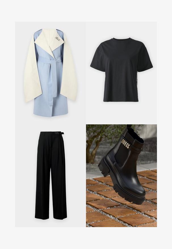 Cappotto avvolgente a blocchi di colore blu e bianco con maniche ampie, cintura da annodare e dettagli ricamati sul colletto. Tessuto morbido e design strutturato.; T-shirt in cotone nero a maniche corte con una vestibilità rilassata e pannelli laterali a contrasto che presentano piccole scritte e dettagli grafici.; Pantaloni neri a gamba larga con vita alta, pieghe nella parte anteriore e una cintura con fibbia. Realizzati in tessuto liscio e leggero.; Stivale alla caviglia in pelle nera con suola in gomma spessa, pannelli laterali in elastico e un accento dorato con il marchio "GUESS".