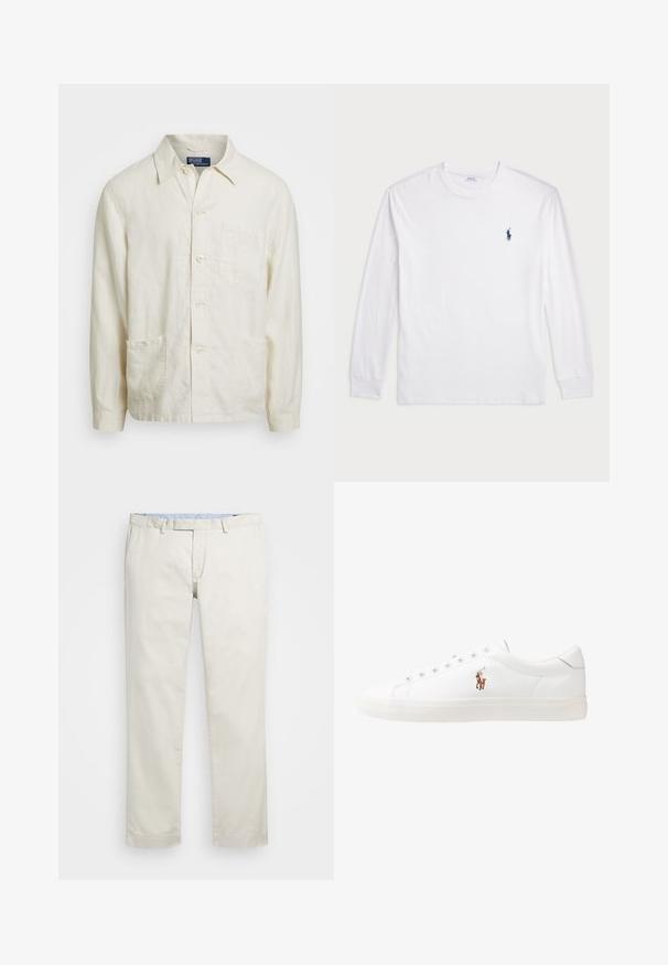 Šviesiai smėlio spalvos lininė marškinė su smailiu apykakle, priekinė kišenė ir dvi apatinės kišenės; tekstūruotas audinys su laisvu siluetu.; Balta ilgomis rankovėmis marškinėliai iš medvilnės. Gali būti apvalios formos kaklas, raukšlės ant rankovių, ir nedidelis tamsiai mėlynas polo logotipas kairėje krūtinės pusėje.; Šviesiai rudi medvilniniai chinos tipo kelnės su plokščiu priekiniu dizainu, diržo kilpomis ir šoninėmis kišenėmis. Tiesaus kirpimo dizainas su lygiu paviršiumi ir lengvu, kvėpuojančiu jausmu.; Baltos odinės sportbačiai, žemo profilio, su lygia tekstūra, apvalia nosimi, raištelių sistema priekyje ir mažyte siuvinėta logo šone.