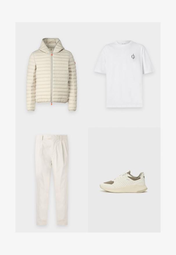 Beige dunjakke med horisontal søm, hette, glidelås foran og oransje glidelåsholder. Myk tekstur og lett design.; Hvit bomull t-skjorte med avslappet passform, med en liten svart grafisk logo på venstre brystområde. Korte ermer, rund hals.; Hvite, pregede bukser med skreddersydd passform, som har en jevn tekstur, beltehemper og avsmalnende ben. Ingen synlige lommer eller mønstre.; Hvit og lysebeige treningssko, med en mesh-overdel, perforerte detaljer og en teksturert mellomsåle med merkevare på hælen.