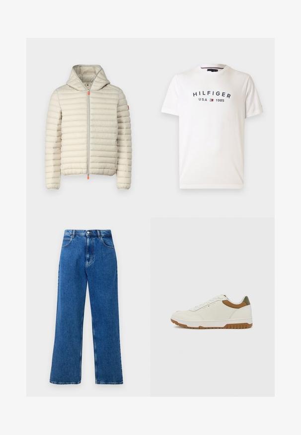 Jachetă puffer bej cu cusături orizontale, glugă, fermoar frontal și mânere de fermoar portocalii. Textură moale și design ușor.; Tricou din bumbac alb cu gât rotund, mâneci scurte și un logo central care spune „HILFIGER USA 1985” în albastru marin, însoțit de un emblema roșie și albastră.; Blugi blue denim cu talie înaltă, evazați, cu închidere frontală cu nasture și fermoar, bucle pentru curea și cinci buzunare.; Tommy Hilfiger BASKET CORE - Sneakers low - ecru/army green