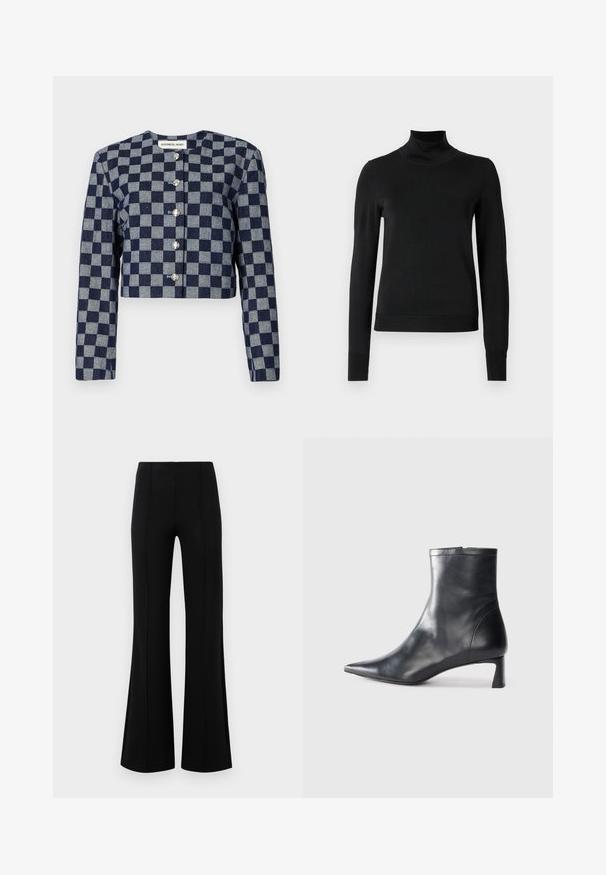 Sagriezts jaciņa tums zilā un pelēkā pārbaudītā rakstā, ar garām piedurknēm, apaļu kakla izgriezumu un sudraba pogu aizdari priekšpusē.; Melnas garām piedurknēm turtlenecks džemperis ar ribotām aprocēm un apakšmali, attēlots uz vienkārša balta fona.; Melnas platas bikses ar augsto jostasvietu, izgatavotas no elastīga auduma. Satur vertikālas šuvju detaļas priekšpusē un gludu tekstūru.; Melnas ādas potītes zābaki ar norādītu pirkstu un elegantu dizainu. Iezīmē zemu papēdi un rāvējslēdzēja aizdari aizmugurē. Gluda tekstūra.